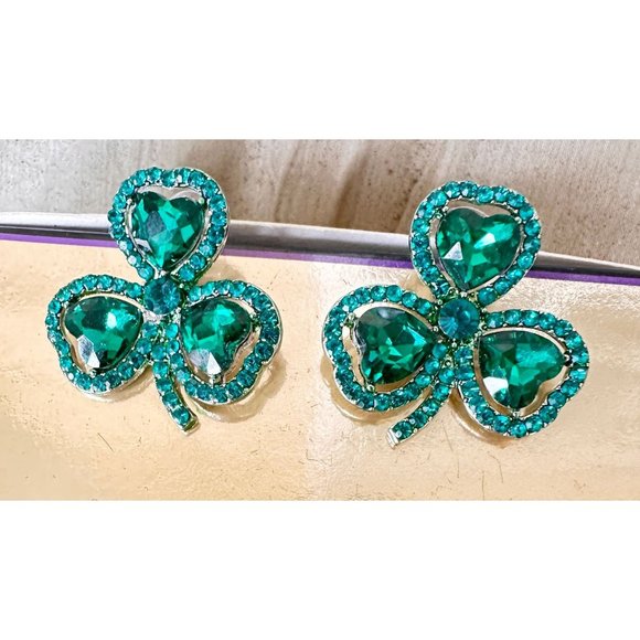 Shamrock Earrings Green Austrian Crystals Hearts Posts New St Patrick's … - Picture 7 of 11